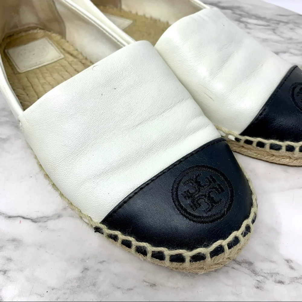 Tory Burch Color-Block Black/Cream Leather Espadrilles 6 Euro Summer Classic